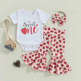 3Pcs Baby Girls Clothes Summer Suit Letter Print Short Sleeve Crew Neck Rompers Strawberry Print Flare Pants Headband Set